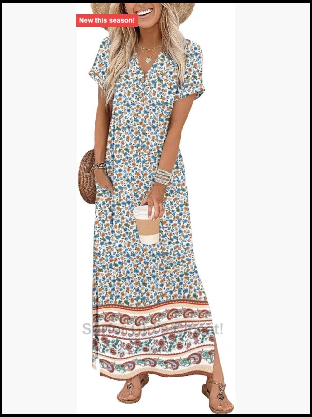 Women's Casual Maxi Sundress Short Sleeve V-Neck Side Slit with Pockets